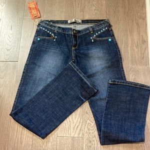 Embellished Dark Blue Boot Cut Jeans with Turquoise Accents